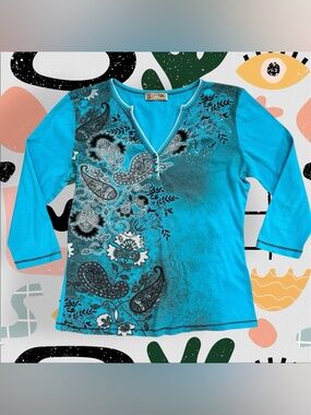 Blue Canyon | Vintage Y2K Blue Paisley Floral Print Rhinestone Half Sleeve Top